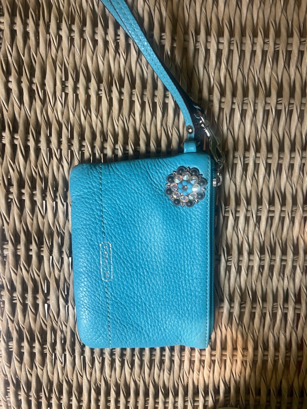Coach Bright Turquoise Pebbled Leather Wristlet with Crystal Flower Charm